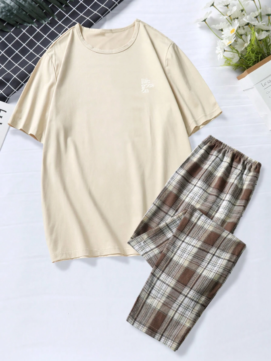 Men Slogan Graphic Tee & Plaid Pants PJ Set