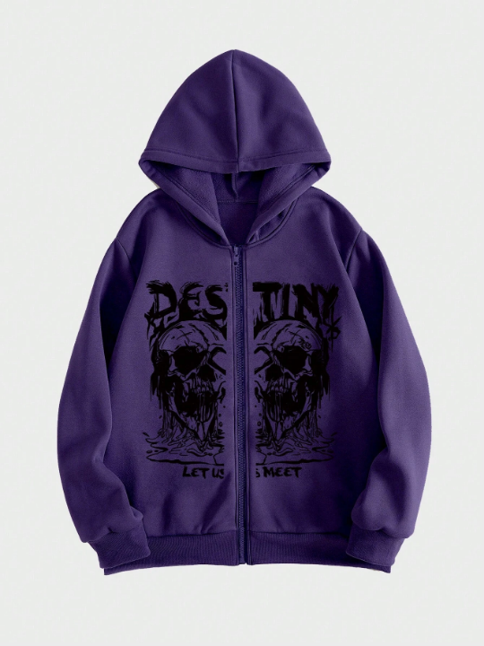 ROMWE Academia Men Skull & Letter Graphic Zip Up Thermal Lined Hoodie