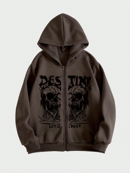 ROMWE Academia Men Skull & Letter Graphic Zip Up Thermal Lined Hoodie
