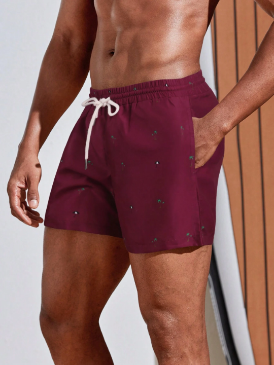 Manfinity Swimmode Men Tropical Print Drawstring Waist Swim Trunks