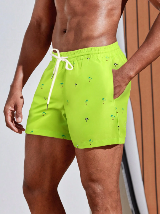 Manfinity Men Tropical Print Drawstring Waist Swim Trunks