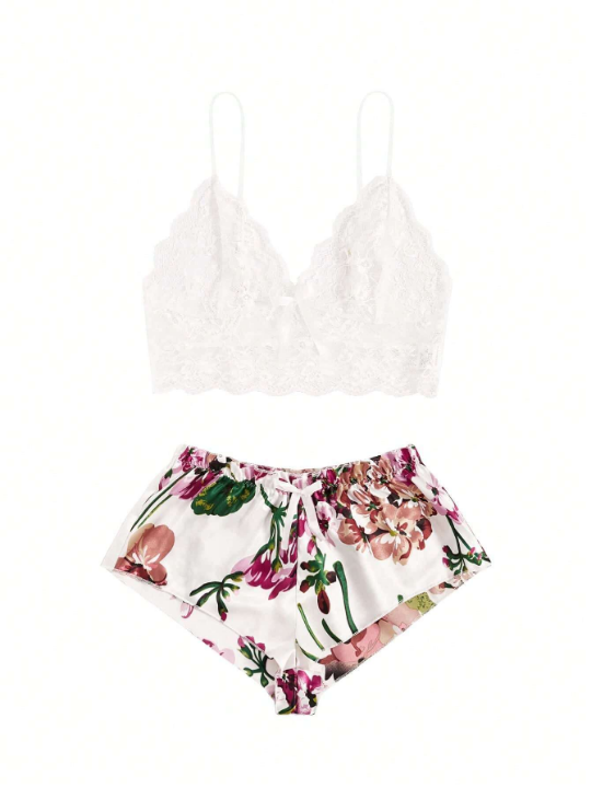 Floral Print Bow Front Lace Lingerie Set