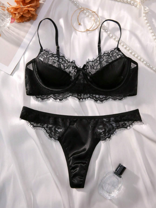 Contrast Lace Underwire Lingerie Set