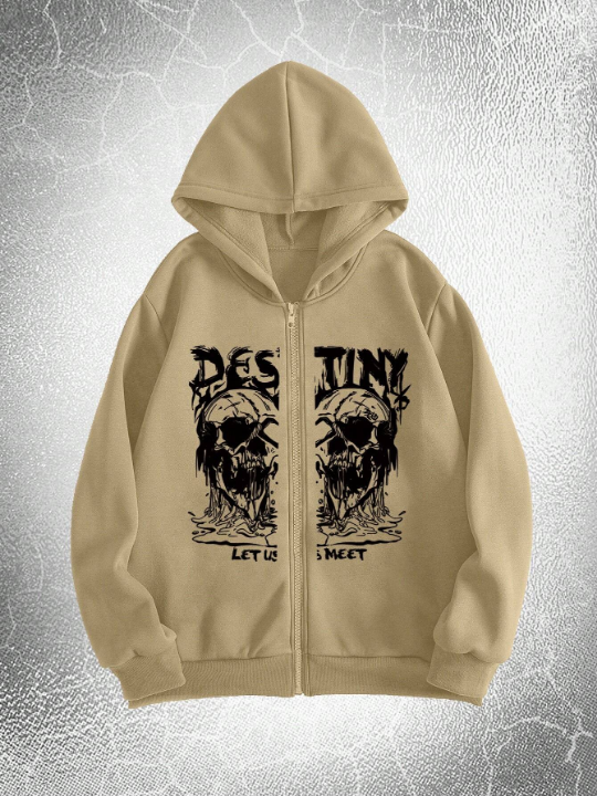 ROMWE Goth Guys Skull & Letter Graphic Zip Up Thermal Lined Hoodie