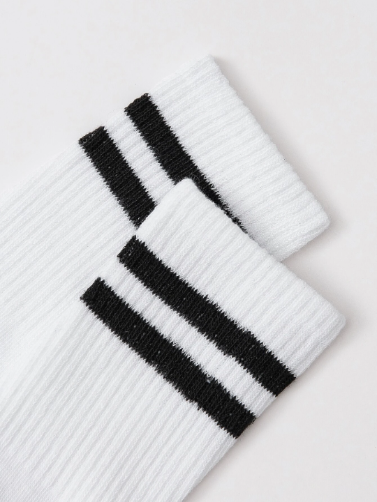 6 Pairs/set Men's Striped Design Mid-calf Socks In Black And White