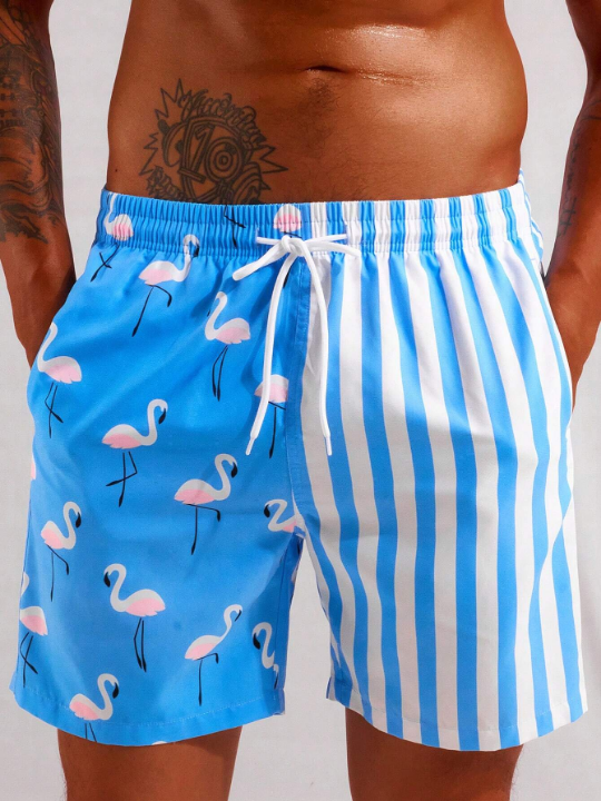 Manfinity Men Striped & Flamingo Print Drawstring Waist Swim Trunks