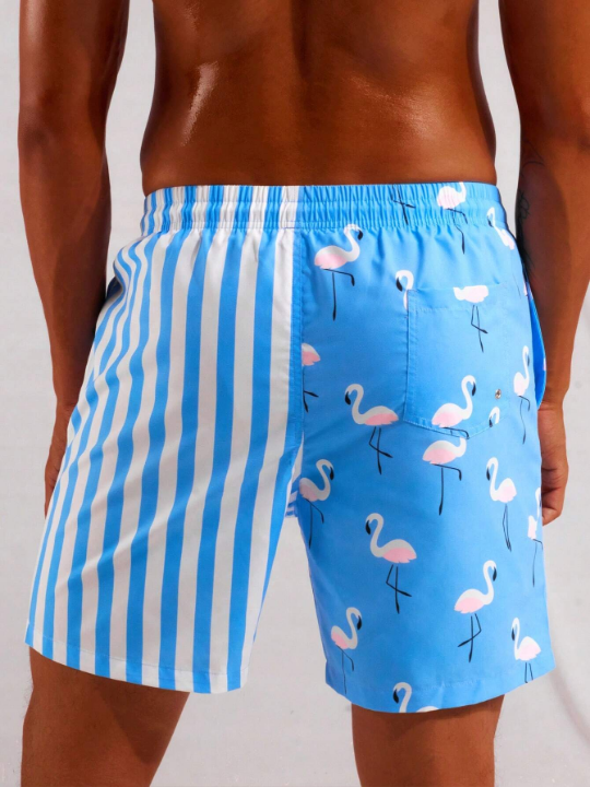 Manfinity Men Striped & Flamingo Print Drawstring Waist Swim Trunks