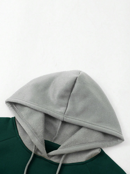 Men Colorblock Raglan Sleeve Drawstring Thermal Lined Hoodie