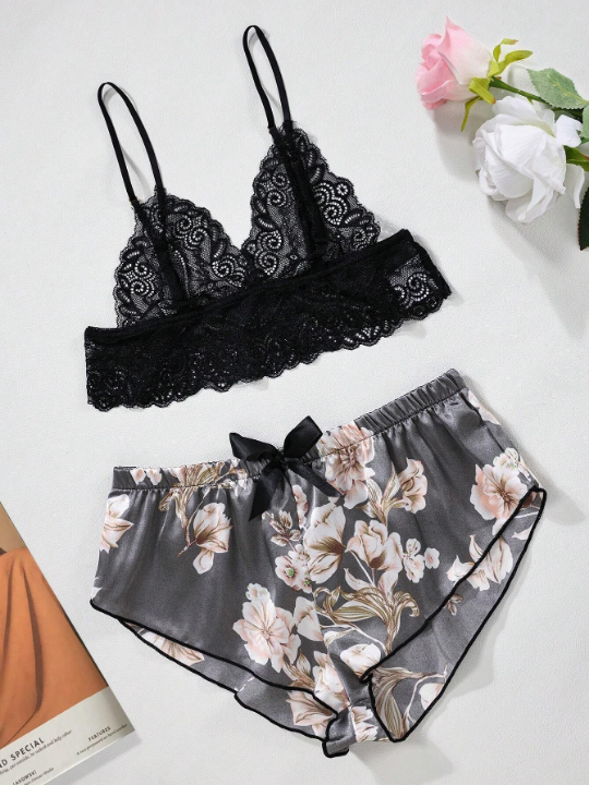 Classic Sexy Floral Lace Bralette With Floral Print Shorts