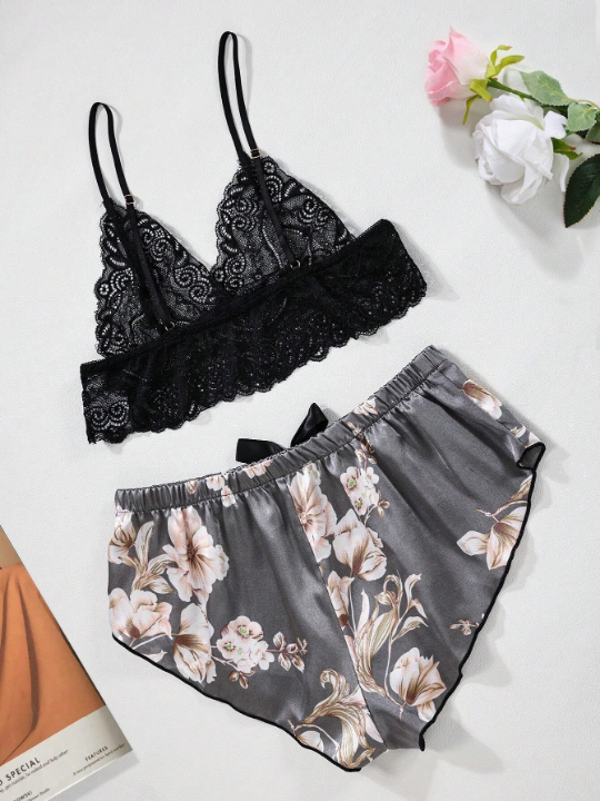 Classic Sexy Floral Lace Bralette With Floral Print Shorts