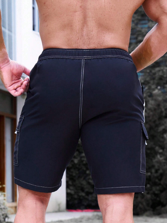 Manfinity Swimmode Men Contrast Tape Flap Pocket Drawstring Waist Swim Trunks