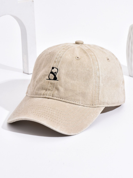 1pc Unisex Khaki Color Panda Embroidery Washed Soft Top Adjustable Baseball Cap For Daily Casual Wear