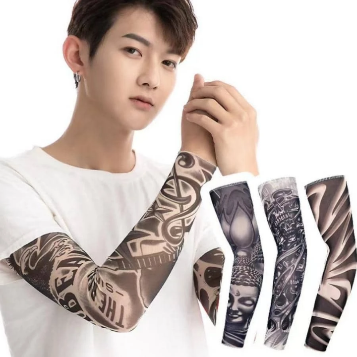 1pc Seamless, Quick-dry, Sun Protection, Tattoo Printed, Ice Sleeve Outdoor Cycling, Fishing, Mountaineering, fashionable,Traveling Arm Sleeves, Random Color/style