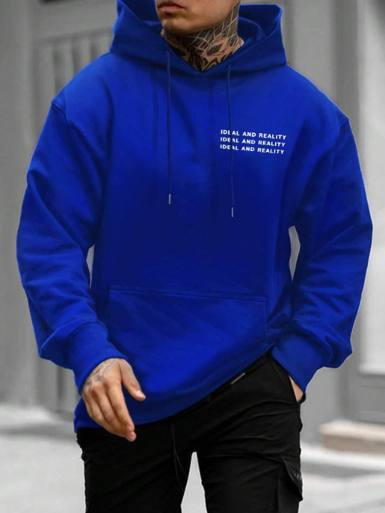 Manfinity Homme Men's Loose Hooded Sweatshirt With Drawstring And Printed Words