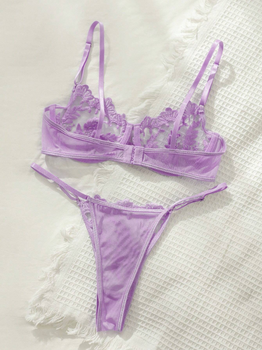 Floral Embroidery Mesh Underwire Lingerie Set