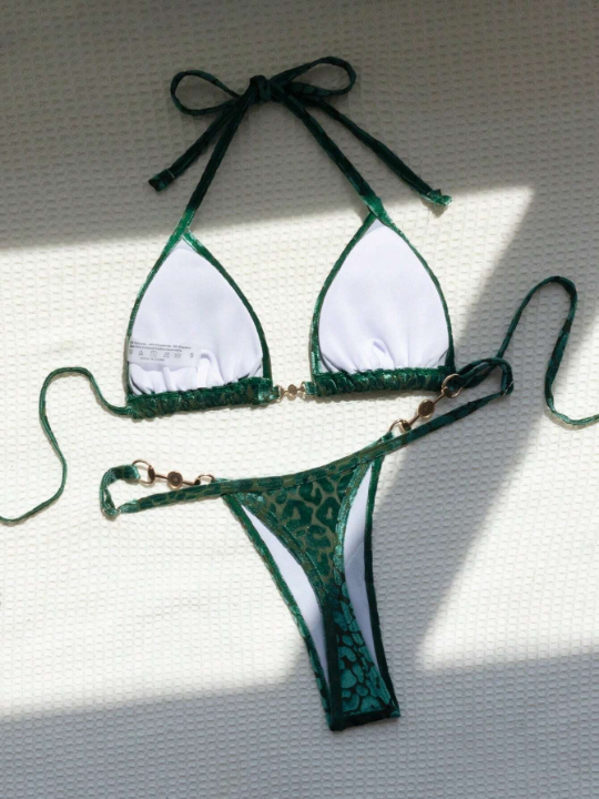 Leopard Jacquard Chain Linked Halter Triangle Bikini Swimsuit