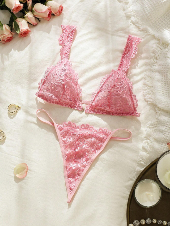 Floral Lace Scallop Trim Lingerie Set
