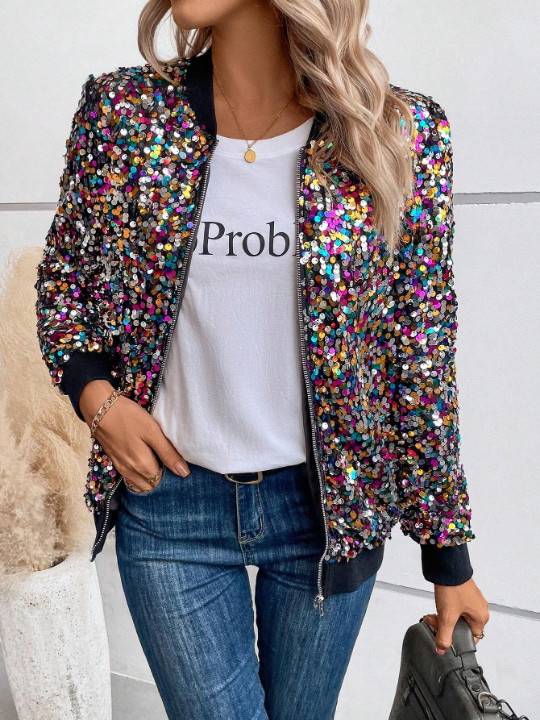 LUNE Zip Up Sequin Bomber Jacket