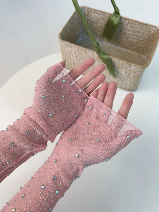 1 Pair Women's Pink Sparkling Diamond Iced Silk Arm Sleeve With Gold & Silver Thread, Shine Mesh Lace Sun Protection Arm Cover