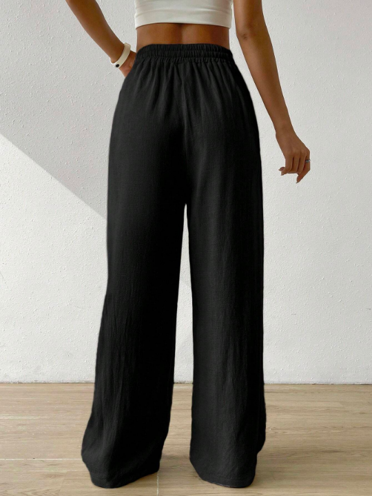 EZwear Women's Summer Solid Color Beige High Waist Drawstring Waist Linen Wide Leg Pants