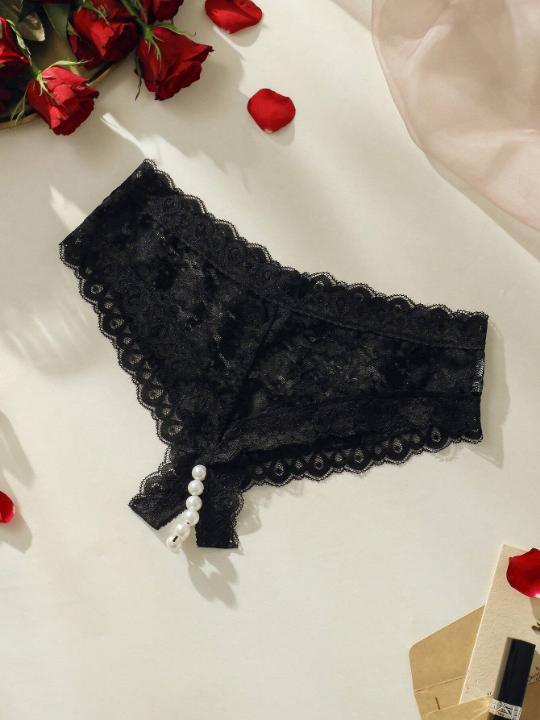 Classic Sexy Floral Lace Pearls Crotchless Panty