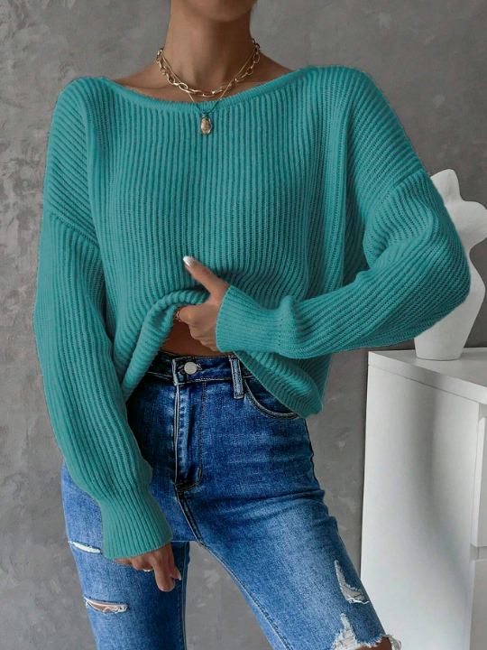 Frenchy Twist Backless Drop Shoulder Ribbed Knit Sweater