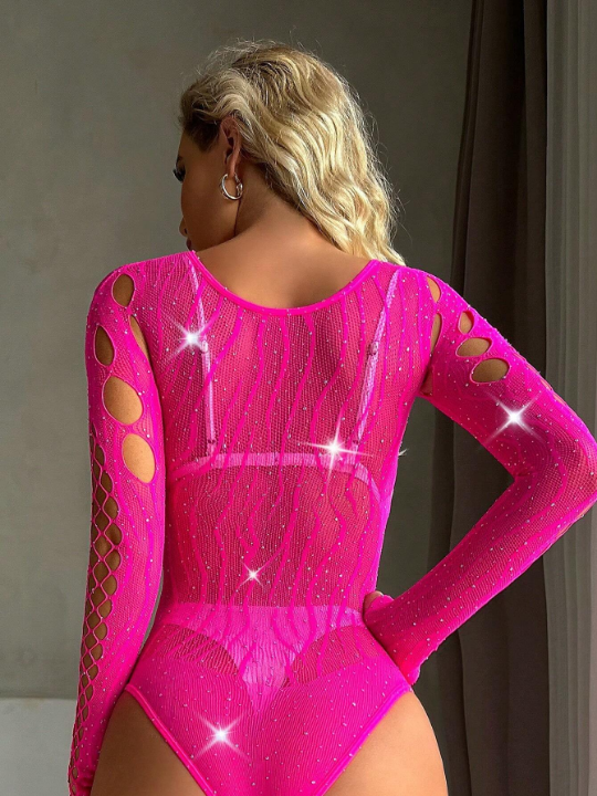 Classic Sexy Rhinestone Studded Cut Out Fishnet Teddy Bodysuit