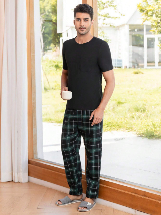Men Plaid Print PJ Set