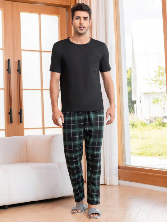 Men Plaid Print PJ Set