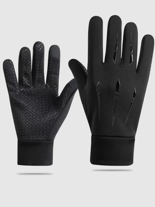 1pair Windproof Waterproof Fleece Lined Winter Motorcycle Riding Gloves For Men, Full Finger With Touchscreen Function