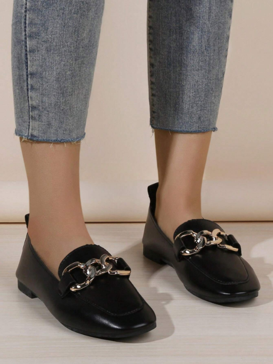 Women's Fashionable Slip-on Chain Decor Square Toe Loafers Flat Shoes