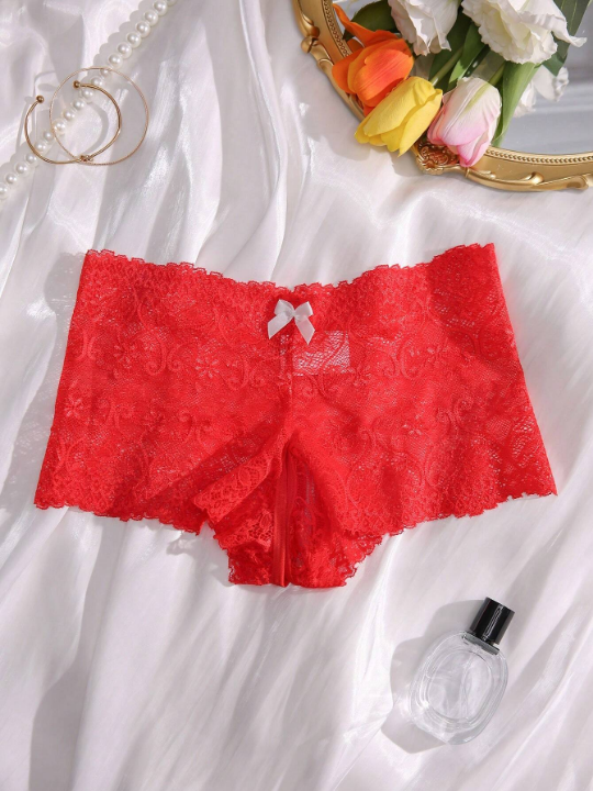 Floral Lace Bow Decor Crotchless Panty