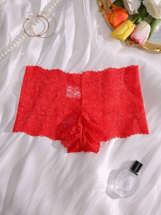 Floral Lace Bow Decor Crotchless Panty