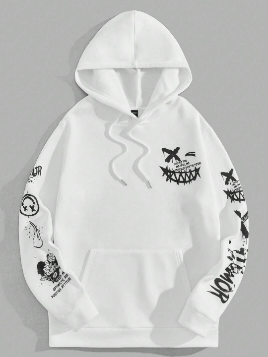 Manfinity EMRG Men Cartoon & Letter Graphic Kangaroo Pocket Drawstring Hoodie