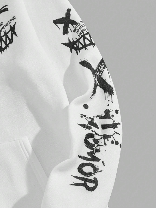 Manfinity EMRG Men Cartoon & Letter Graphic Kangaroo Pocket Drawstring Hoodie