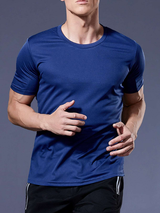 Summer Men's Loose Fitness Running Shirt For Gym Basketball Football Training In Blue Short Sleeve Gym Clothes Men Basic T Shirt