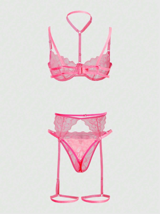 ROMWE Kawaii 3pack Floral Lace Underwire Garter Lingerie Set