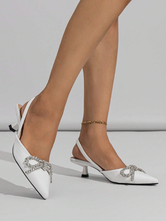 Women's Fashionable Pointed Toe Rhinestone Butterfly Decoration Stiletto High Heels, White - Perfect For Party
