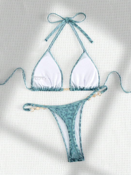 Leopard Halter Triangle Bikini Swimsuit