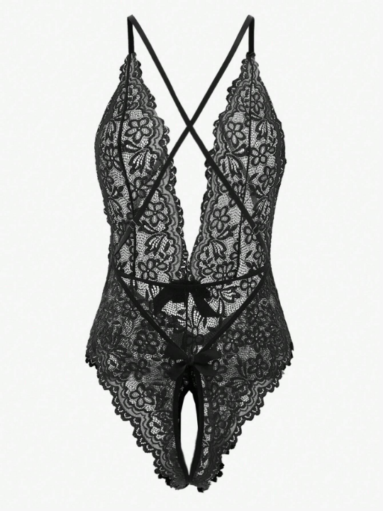 Classic Sexy Floral Lace Scallop Trim Crotchless Teddy Bodysuit