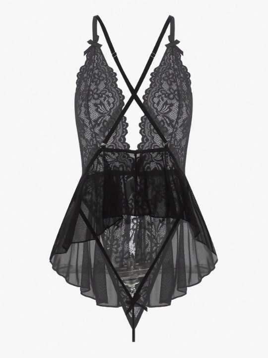 Classic Sexy Criss Cross Backless Contrast Lace Mesh Slips