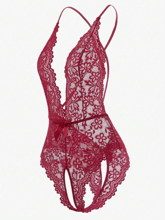 Classic Sexy Floral Lace Scallop Trim Crotchless Teddy Bodysuit