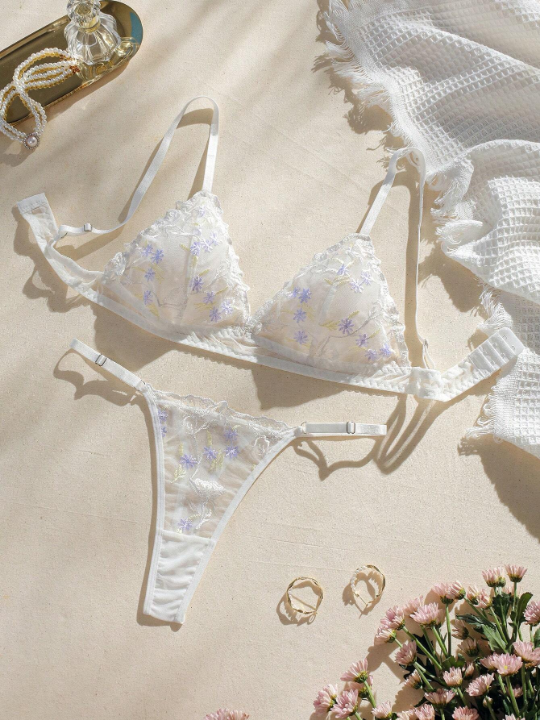Floral Embroidery Mesh Lingerie Set