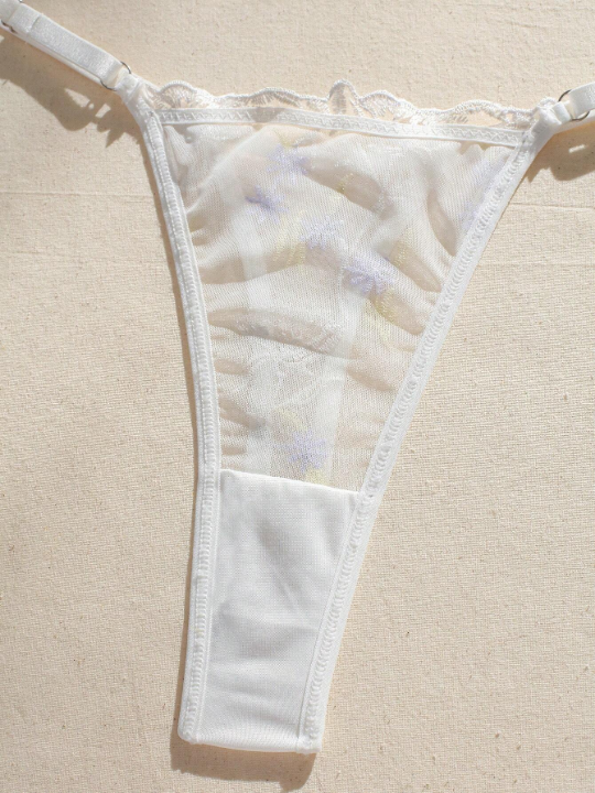 Floral Embroidery Mesh Lingerie Set