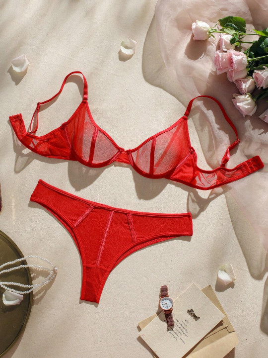 Solid Sheer Mesh Lingerie Set