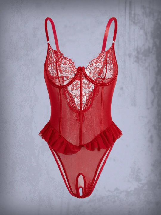 Contrast Lace Ruffle Trim Underwire Teddy Bodysuit