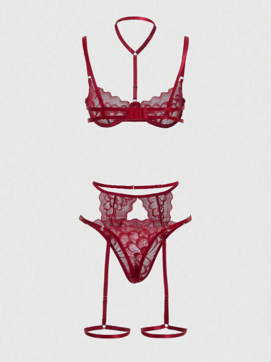 ROMWE Kawaii 3pack Floral Lace Underwire Garter Lingerie Set