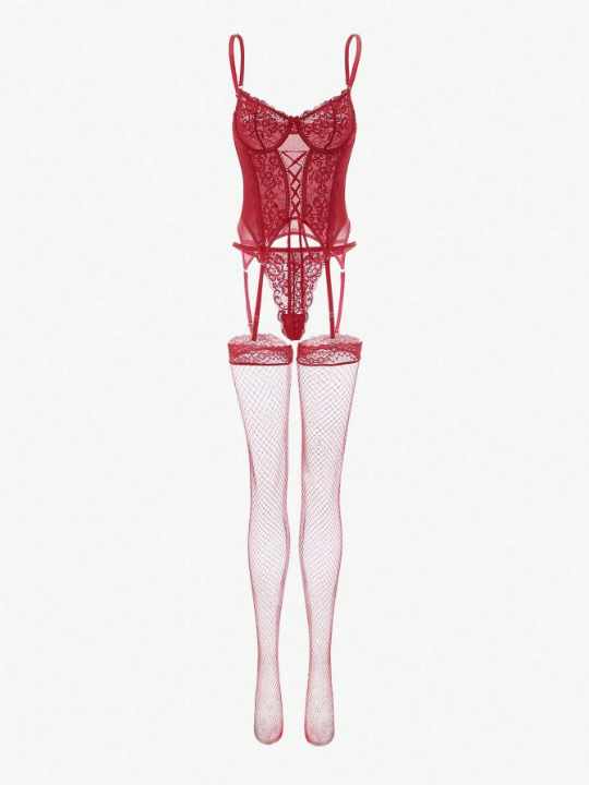 4pack Contrast Lace Lace-up Front Underwire Lingerie Set