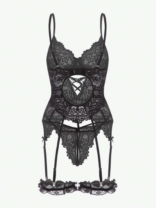 Classic Sexy Floral Lace Underwire Garter Lingerie Set With 1pair Leg Ring