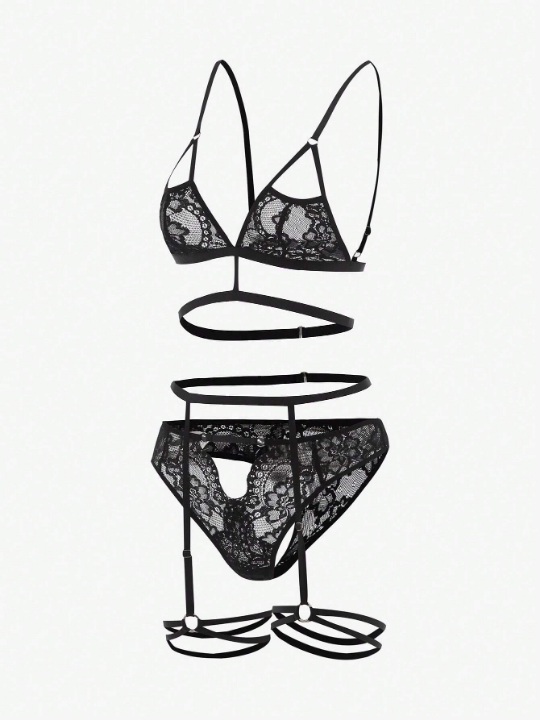 Floral Lace Cut Out Garter Lingerie Set